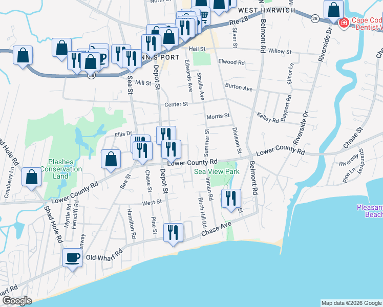 map of restaurants, bars, coffee shops, grocery stores, and more near 10 Manning Road in Dennis