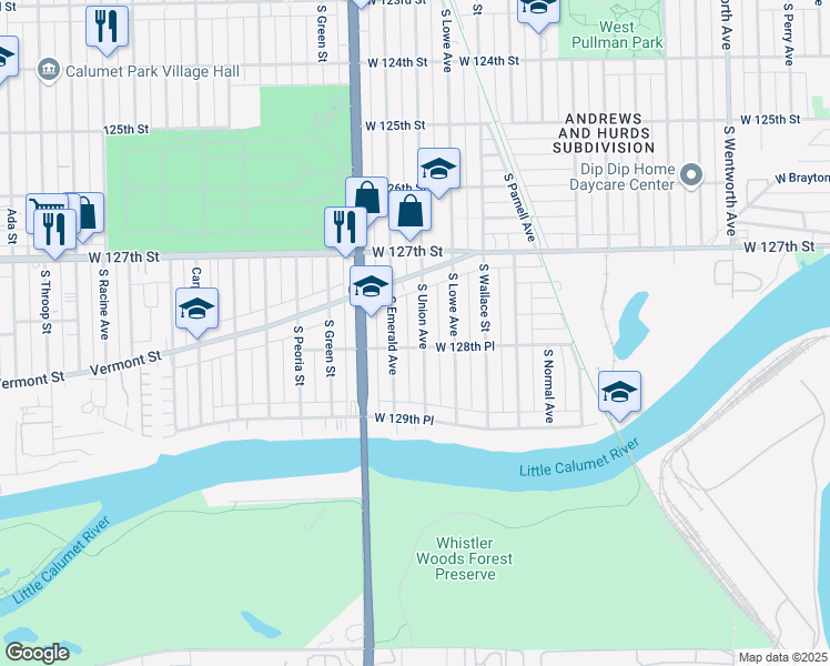 map of restaurants, bars, coffee shops, grocery stores, and more near 12812 South Union Avenue in Chicago