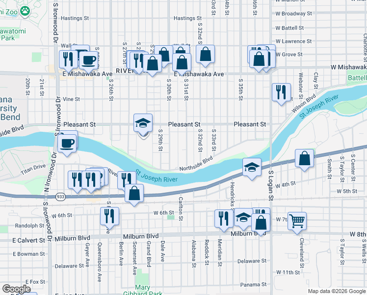 map of restaurants, bars, coffee shops, grocery stores, and more near 1311 South 31st Street in South Bend