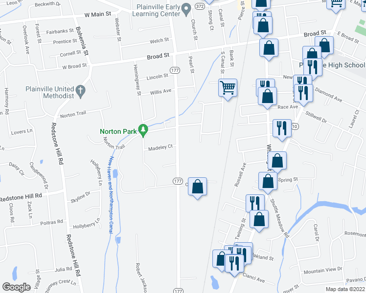 map of restaurants, bars, coffee shops, grocery stores, and more near 160 South Washington Street in Plainville