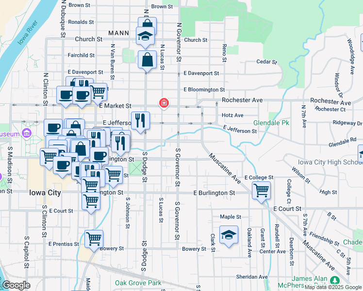 map of restaurants, bars, coffee shops, grocery stores, and more near 903 Iowa Avenue in Iowa City