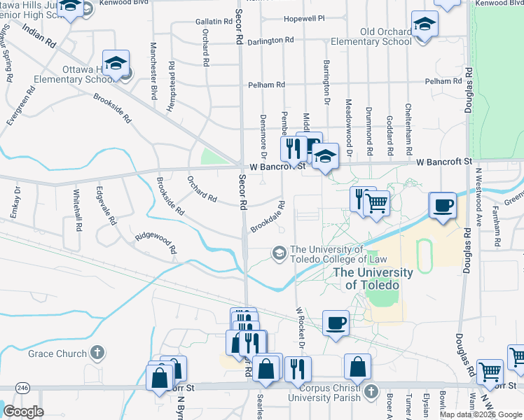 map of restaurants, bars, coffee shops, grocery stores, and more near 3155 Kylemore Road in Toledo