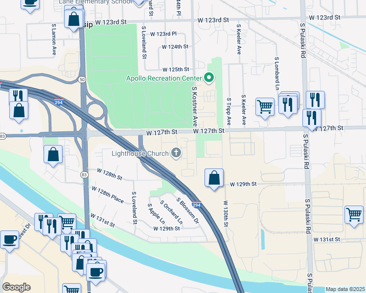 map of restaurants, bars, coffee shops, grocery stores, and more near 12744 South Kenneth Avenue in Alsip
