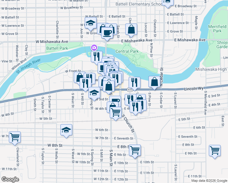 map of restaurants, bars, coffee shops, grocery stores, and more near 107-199 Lincolnway E in Mishawaka