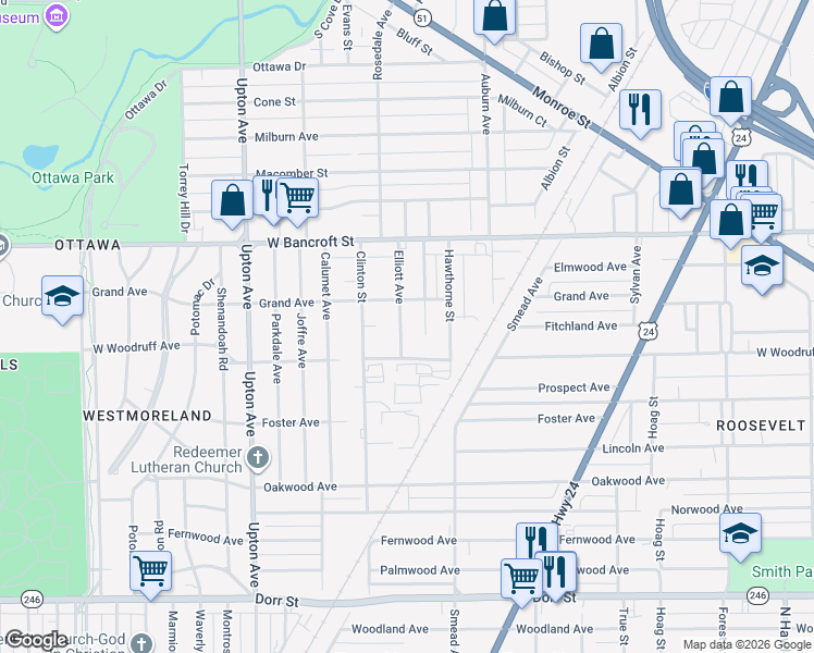 map of restaurants, bars, coffee shops, grocery stores, and more near 1672 Marcella Court in Toledo