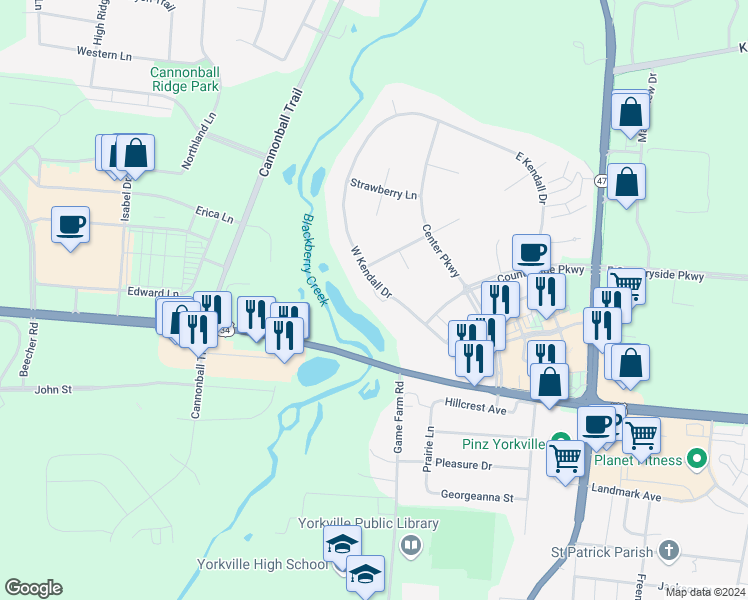 map of restaurants, bars, coffee shops, grocery stores, and more near 999 Game Farm Road in Yorkville