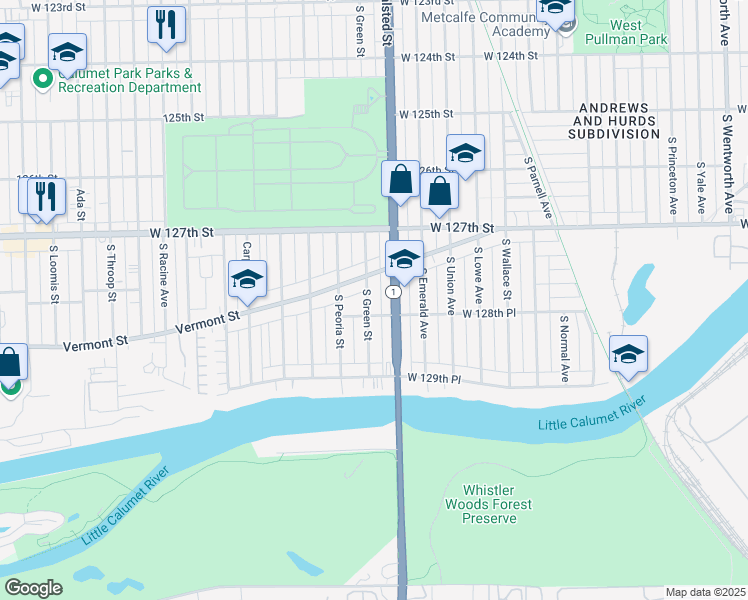 map of restaurants, bars, coffee shops, grocery stores, and more near 12825 South Green Street in Chicago