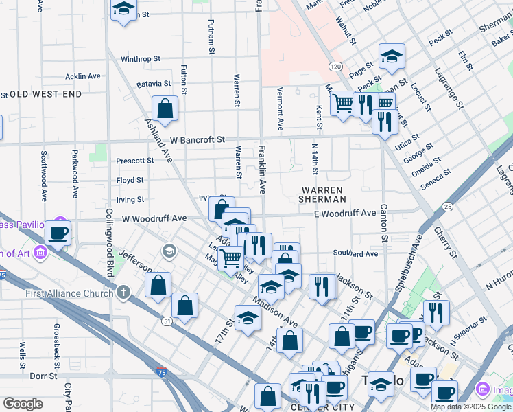 map of restaurants, bars, coffee shops, grocery stores, and more near 2011 Franklin Avenue in Toledo