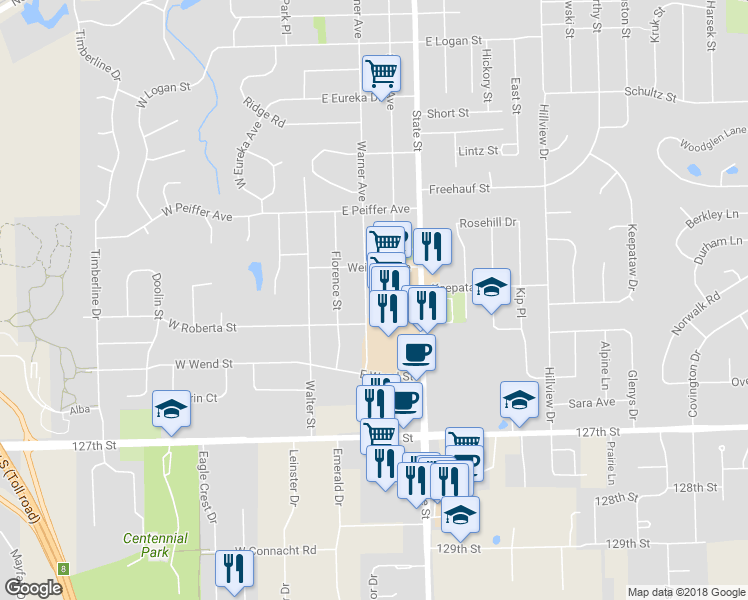 map of restaurants, bars, coffee shops, grocery stores, and more near 1103 Warner Avenue in Lemont