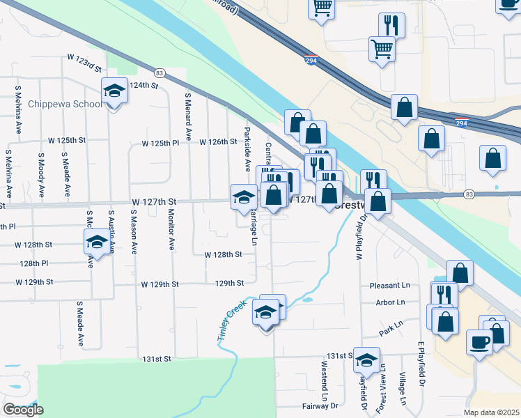 map of restaurants, bars, coffee shops, grocery stores, and more near 5601 West 127th Street in Crestwood