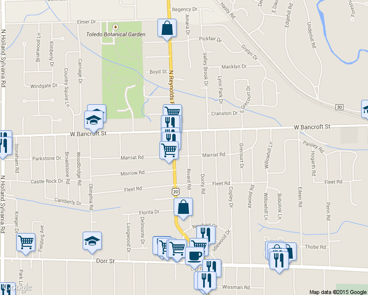 map of restaurants, bars, coffee shops, grocery stores, and more near 2117 Rivard Rd in Toledo