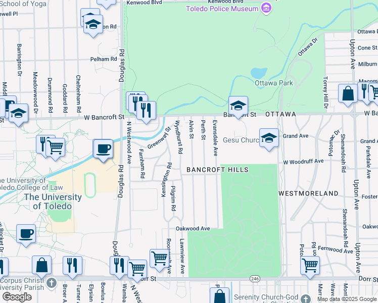 map of restaurants, bars, coffee shops, grocery stores, and more near 2051 Alvin Street in Toledo