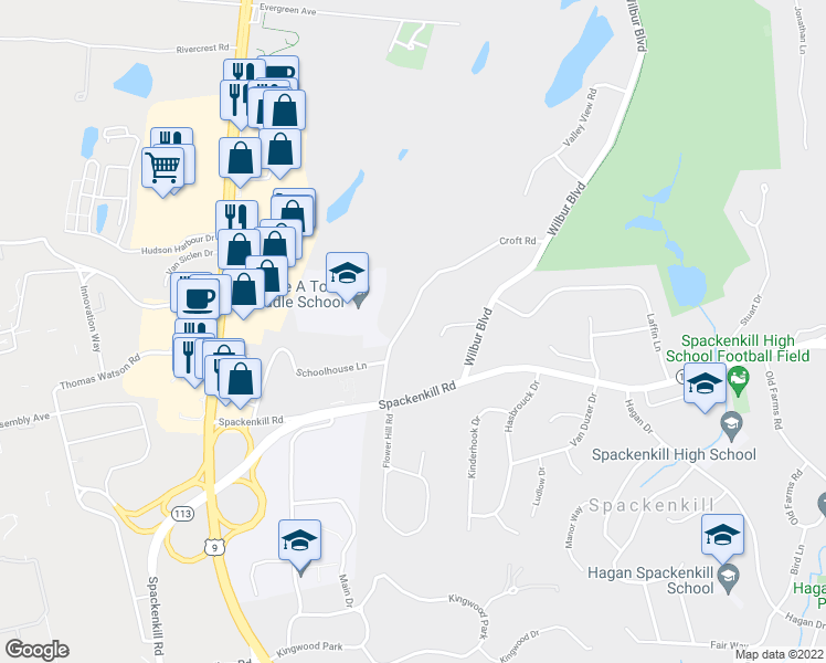 map of restaurants, bars, coffee shops, grocery stores, and more near 12 Croft Road in Poughkeepsie
