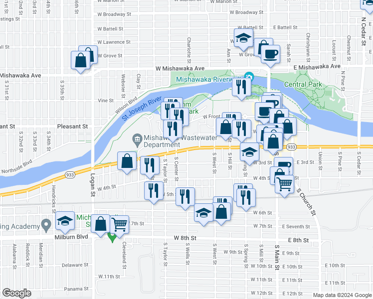 map of restaurants, bars, coffee shops, grocery stores, and more near 600 Lincolnway West in Mishawaka