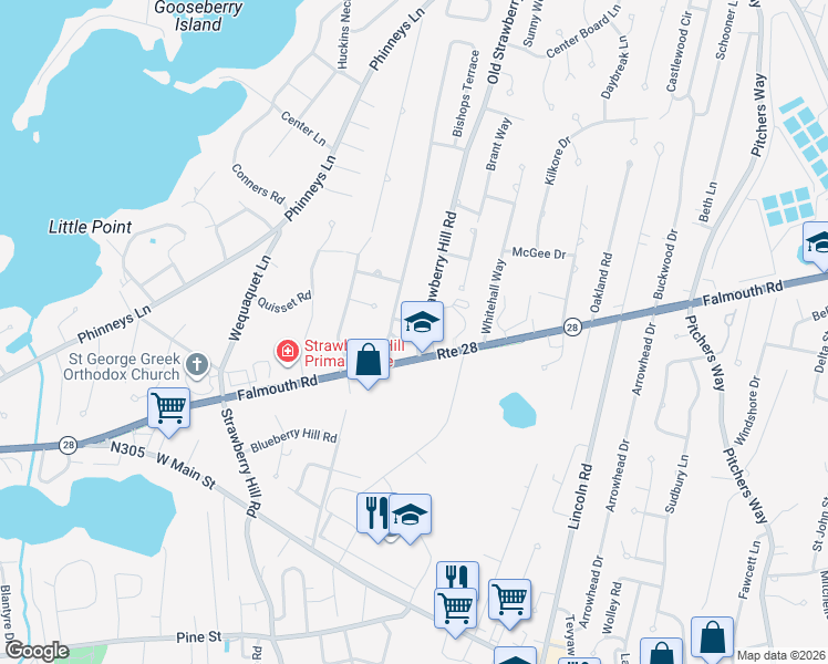map of restaurants, bars, coffee shops, grocery stores, and more near 21 Brian Lane in Barnstable