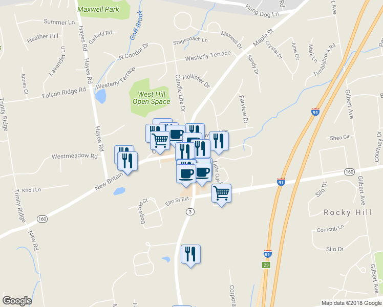 map of restaurants, bars, coffee shops, grocery stores, and more near 176 Copper Beech Drive in Rocky Hill