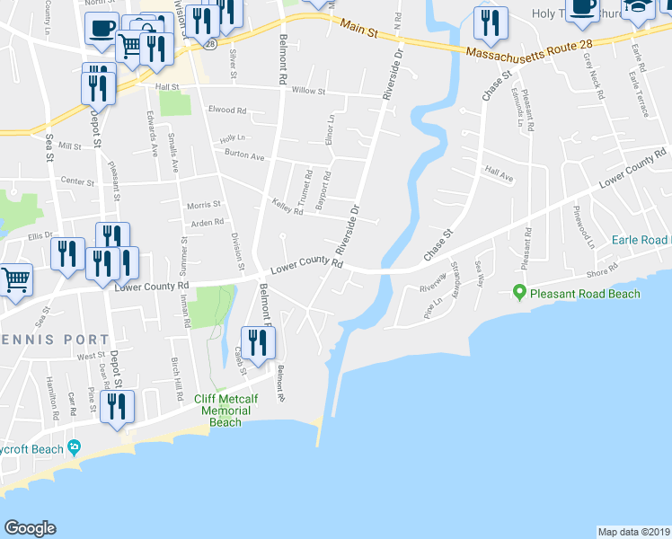 map of restaurants, bars, coffee shops, grocery stores, and more near 55 Lower County Road in Harwich