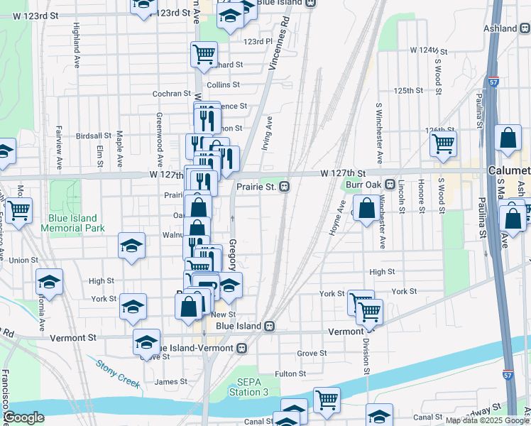 map of restaurants, bars, coffee shops, grocery stores, and more near 12759 Irving Avenue in Blue Island