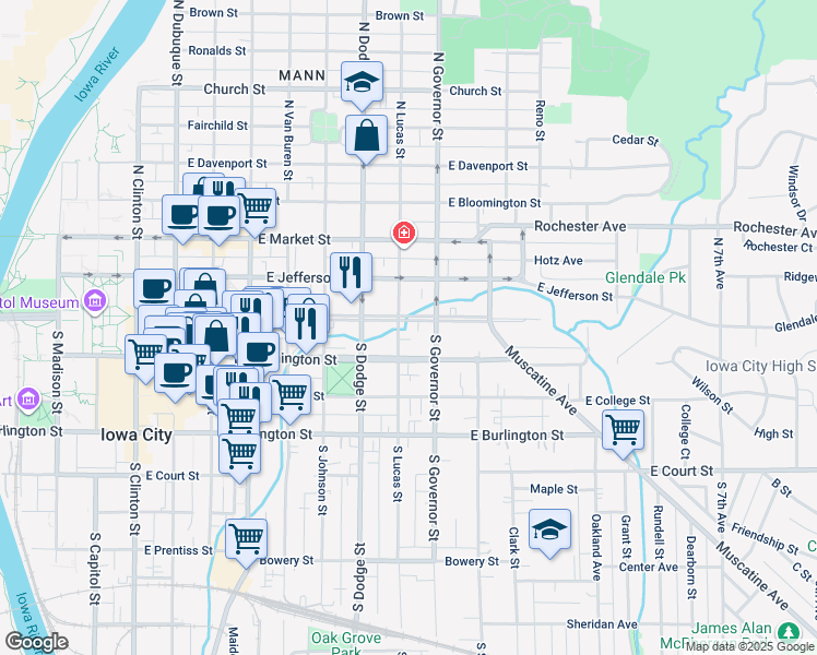 map of restaurants, bars, coffee shops, grocery stores, and more near 809 Iowa Avenue in Iowa City