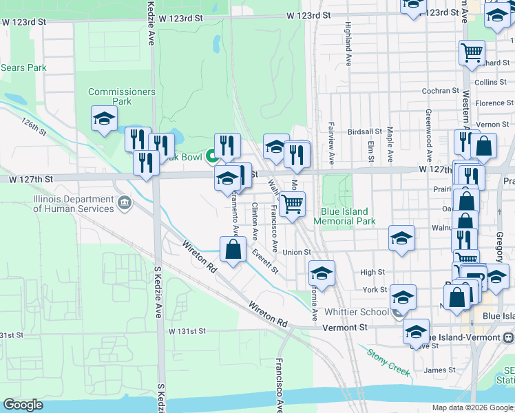 map of restaurants, bars, coffee shops, grocery stores, and more near 12759 Clinton Avenue in Blue Island