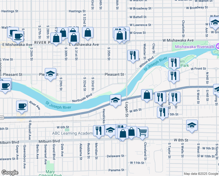 map of restaurants, bars, coffee shops, grocery stores, and more near 3450 Northside Boulevard in South Bend