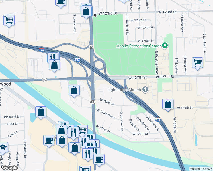 map of restaurants, bars, coffee shops, grocery stores, and more near 4618 West Spencer Lane in Alsip