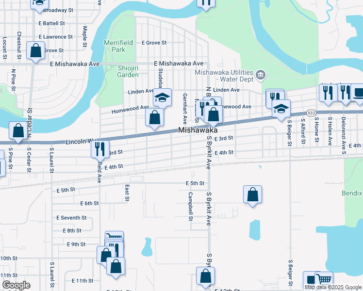map of restaurants, bars, coffee shops, grocery stores, and more near 1221 East 3rd Street in Mishawaka