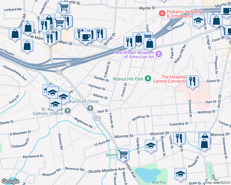 map of restaurants, bars, coffee shops, grocery stores, and more near 154 Lincoln Street in New Britain