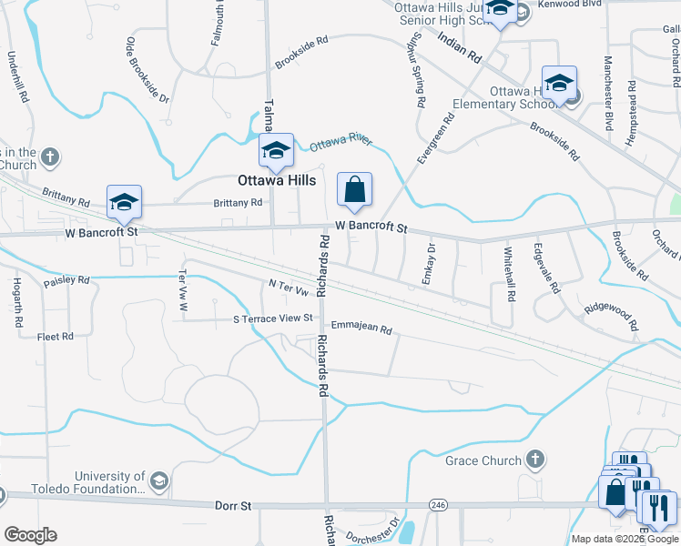map of restaurants, bars, coffee shops, grocery stores, and more near 4045 Hillandale Road in Toledo