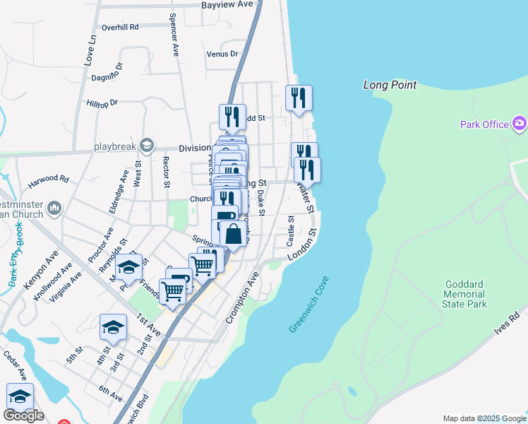 map of restaurants, bars, coffee shops, grocery stores, and more near 38 Queen Street in East Greenwich
