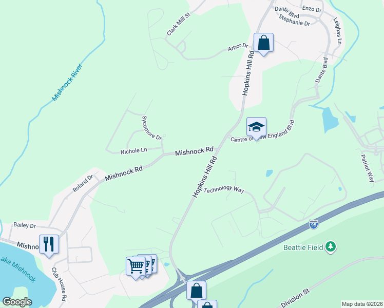 map of restaurants, bars, coffee shops, grocery stores, and more near 28 Mishnock Road in West Greenwich