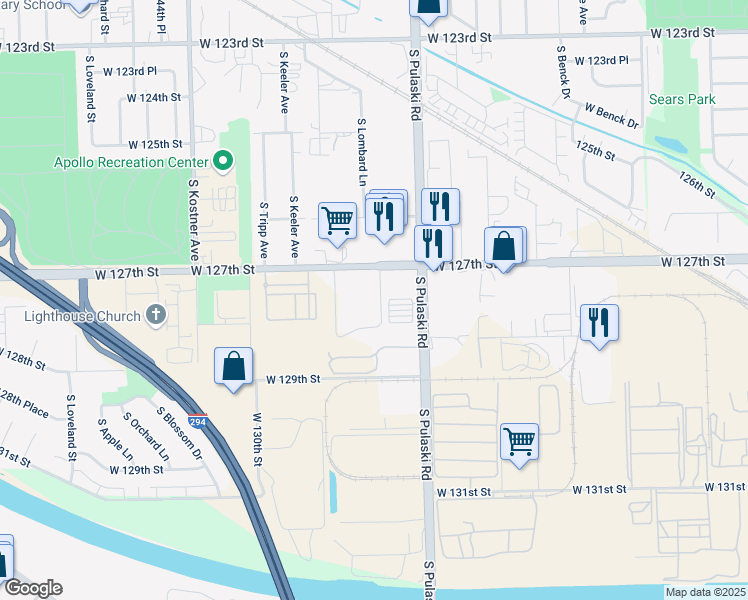 map of restaurants, bars, coffee shops, grocery stores, and more near 4041 West 127th Street in Alsip