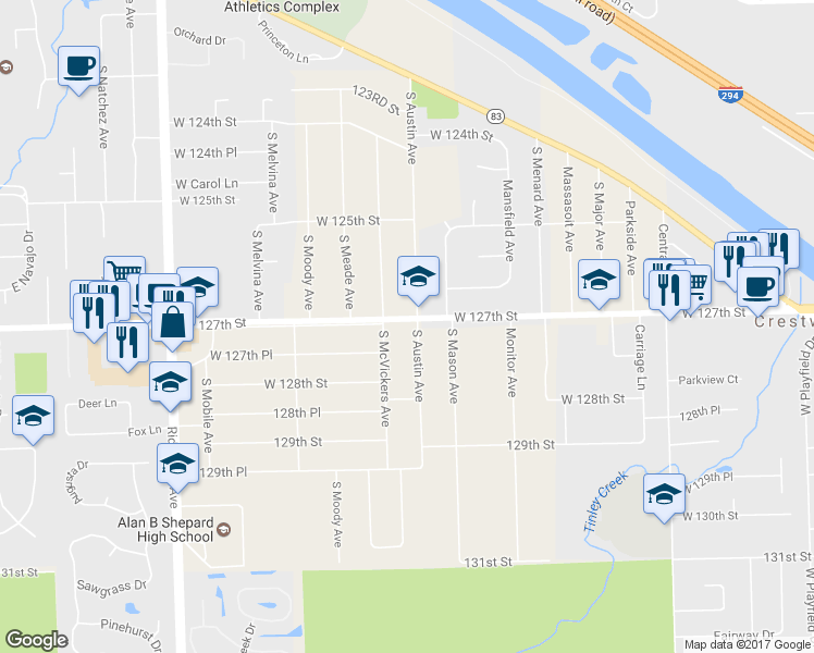 map of restaurants, bars, coffee shops, grocery stores, and more near 12700 S Austin Ave in Palos Heights