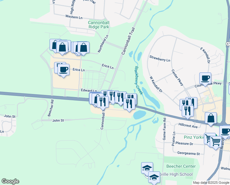 map of restaurants, bars, coffee shops, grocery stores, and more near 4040 Cannonball Trail in Yorkville