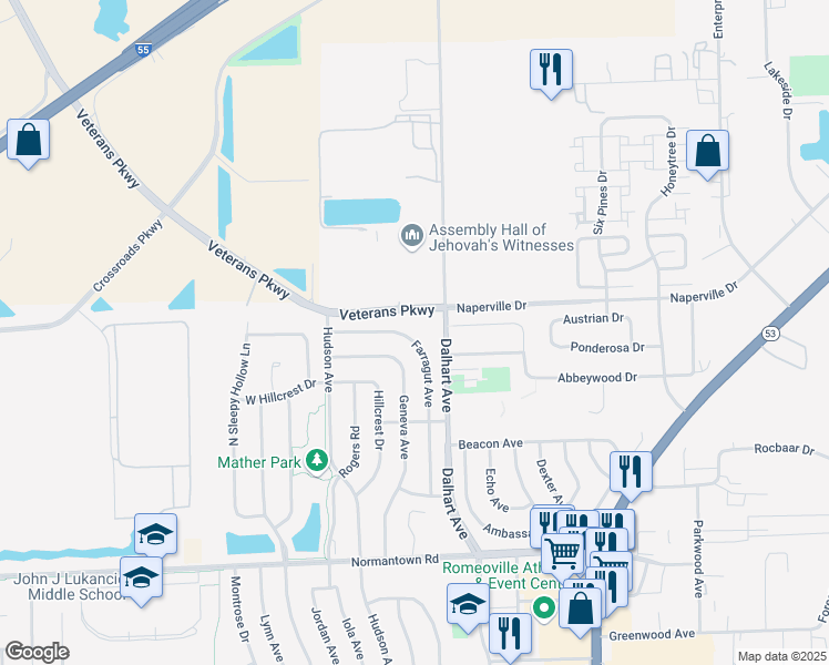map of restaurants, bars, coffee shops, grocery stores, and more near 773 Farragut Avenue in Romeoville