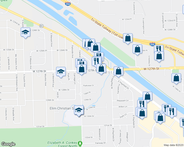 map of restaurants, bars, coffee shops, grocery stores, and more near 5539 West 127th Street in Crestwood