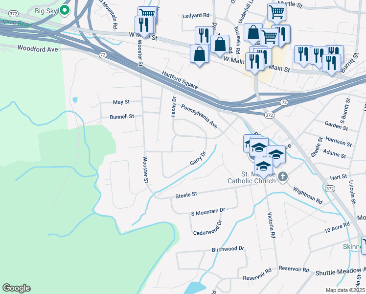 map of restaurants, bars, coffee shops, grocery stores, and more near 90 Dogwood Dr in New Britain