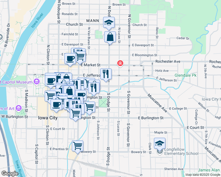 map of restaurants, bars, coffee shops, grocery stores, and more near 703 Iowa Avenue in Iowa City