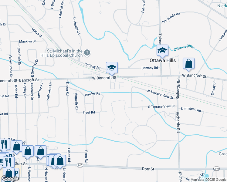 map of restaurants, bars, coffee shops, grocery stores, and more near 2120 Timbercreek Drive in Toledo
