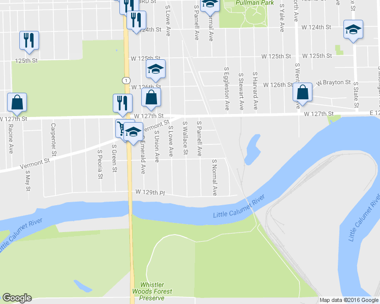 map of restaurants, bars, coffee shops, grocery stores, and more near 12813 South Wallace Street in Chicago