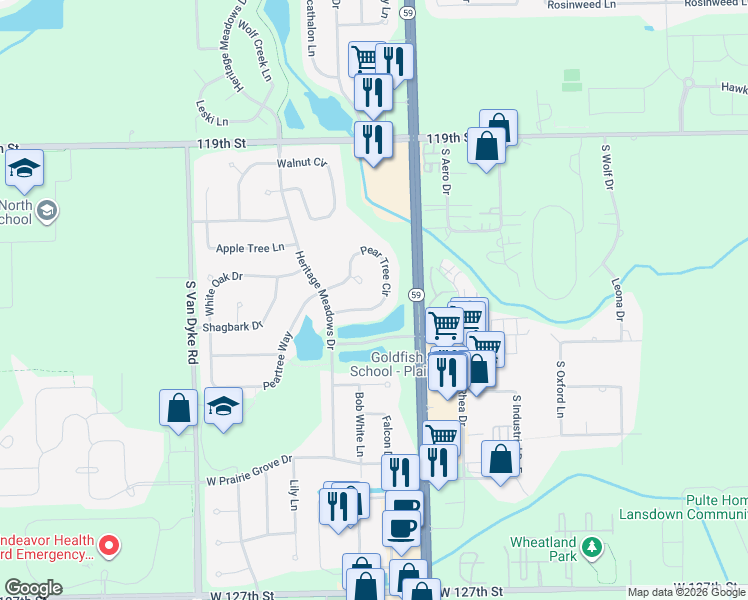 map of restaurants, bars, coffee shops, grocery stores, and more near 24050 Pear Tree Circle in Plainfield