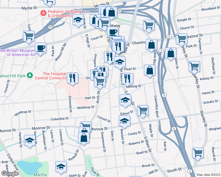 map of restaurants, bars, coffee shops, grocery stores, and more near 56 Whiting Street in New Britain