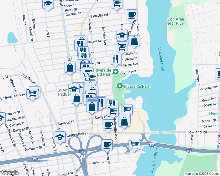 map of restaurants, bars, coffee shops, grocery stores, and more near 9 Bullard Street in New Bedford