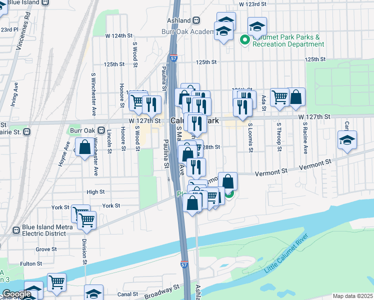 map of restaurants, bars, coffee shops, grocery stores, and more near 12800 South Ashland Avenue in Calumet Park