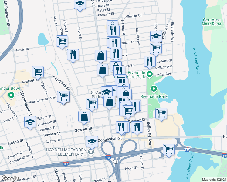 map of restaurants, bars, coffee shops, grocery stores, and more near 136 Deane Street in New Bedford