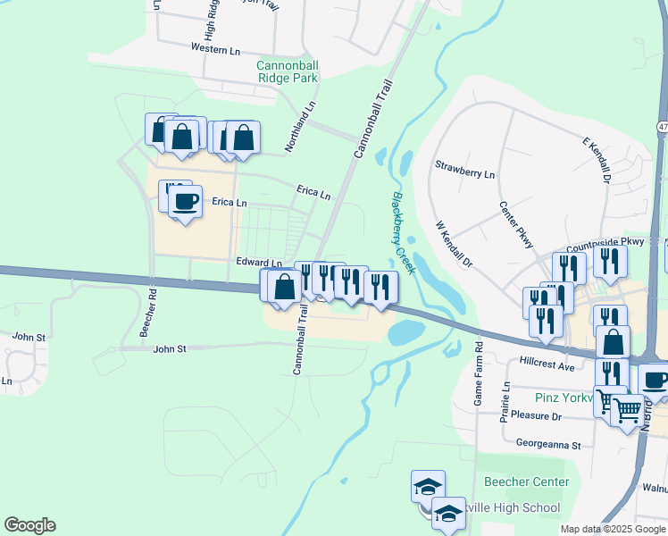 map of restaurants, bars, coffee shops, grocery stores, and more near 4040 Cannonball Trail in Yorkville