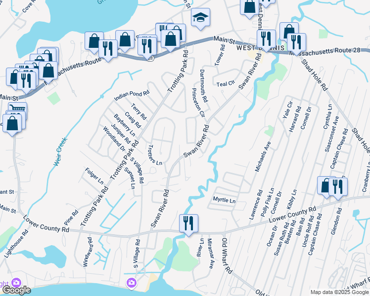 map of restaurants, bars, coffee shops, grocery stores, and more near 54 Elliot Drive in Dennis