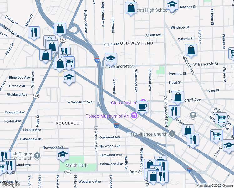 map of restaurants, bars, coffee shops, grocery stores, and more near 2024 Glenwood in Toledo