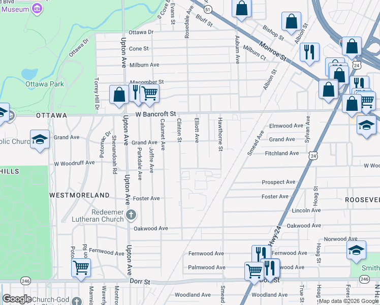 map of restaurants, bars, coffee shops, grocery stores, and more near 1672 Marcella Court in Toledo