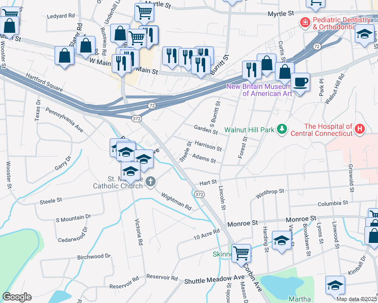 map of restaurants, bars, coffee shops, grocery stores, and more near 18 Steele Street in New Britain